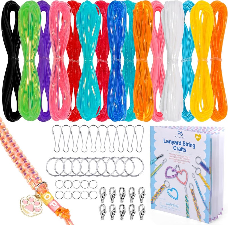 PP OPOUNT Lanyard String Kit for Christmas Crafts – 15 Plastic Gimp Strings with 40 Keychain Accessories & Instructions, DIY Bracelets Keychains Christmas Gift Craft Set(Solid/Glitter/Laser Colors) - Image 1